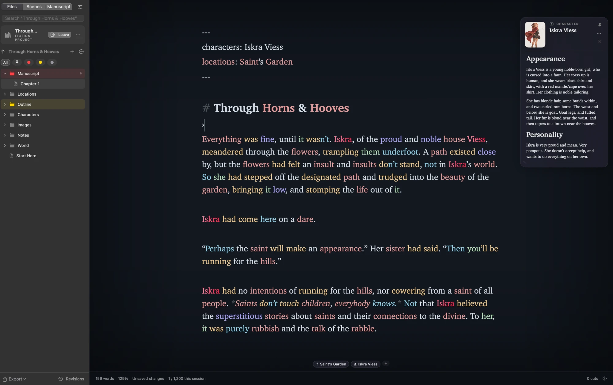 Sable open on a Fiction Project called Through Horns & Hooves: the file desk on the left, a chapter with sentence colors in the middle, and a character card for Iskra Viess pinned at the top right.