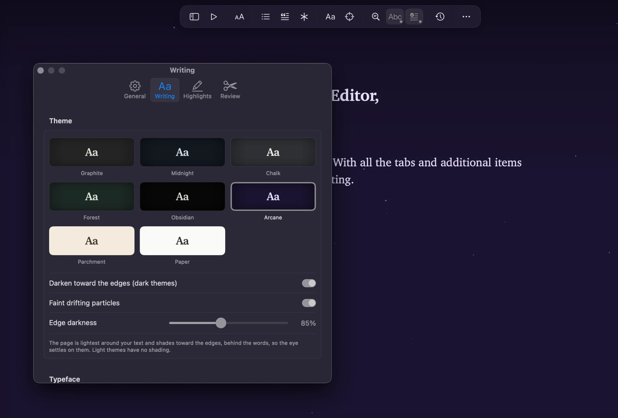 Sable's Writing settings open over the editor, showing eight themes (Graphite, Midnight, Chalk, Forest, Obsidian, Arcane, Parchment, and Paper) with edge darkness and drifting particles options, and the toolbar above.