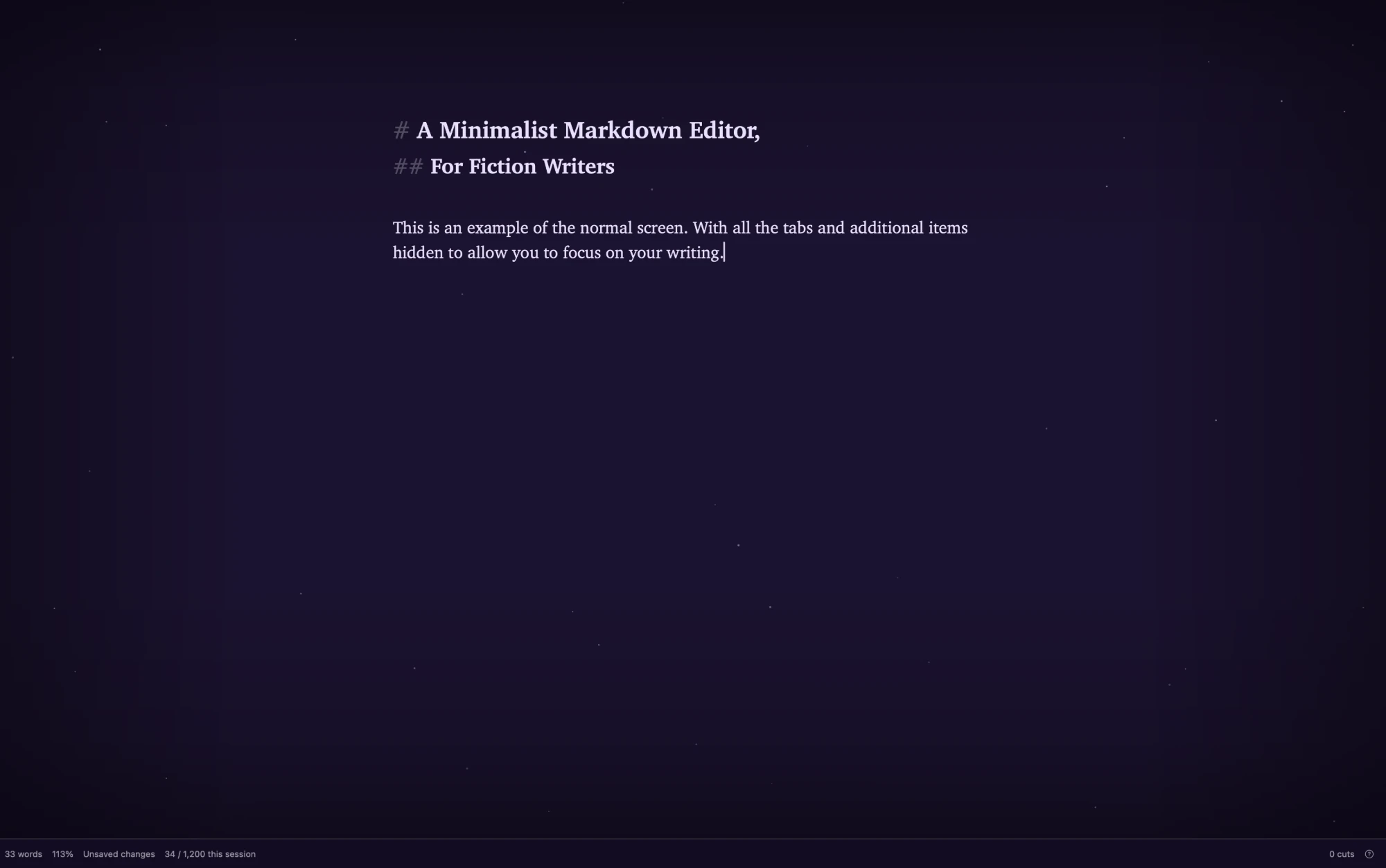 Sable's writing screen with everything else hidden: a dark purple page with a heading, one short paragraph, and only a word count along the bottom edge.